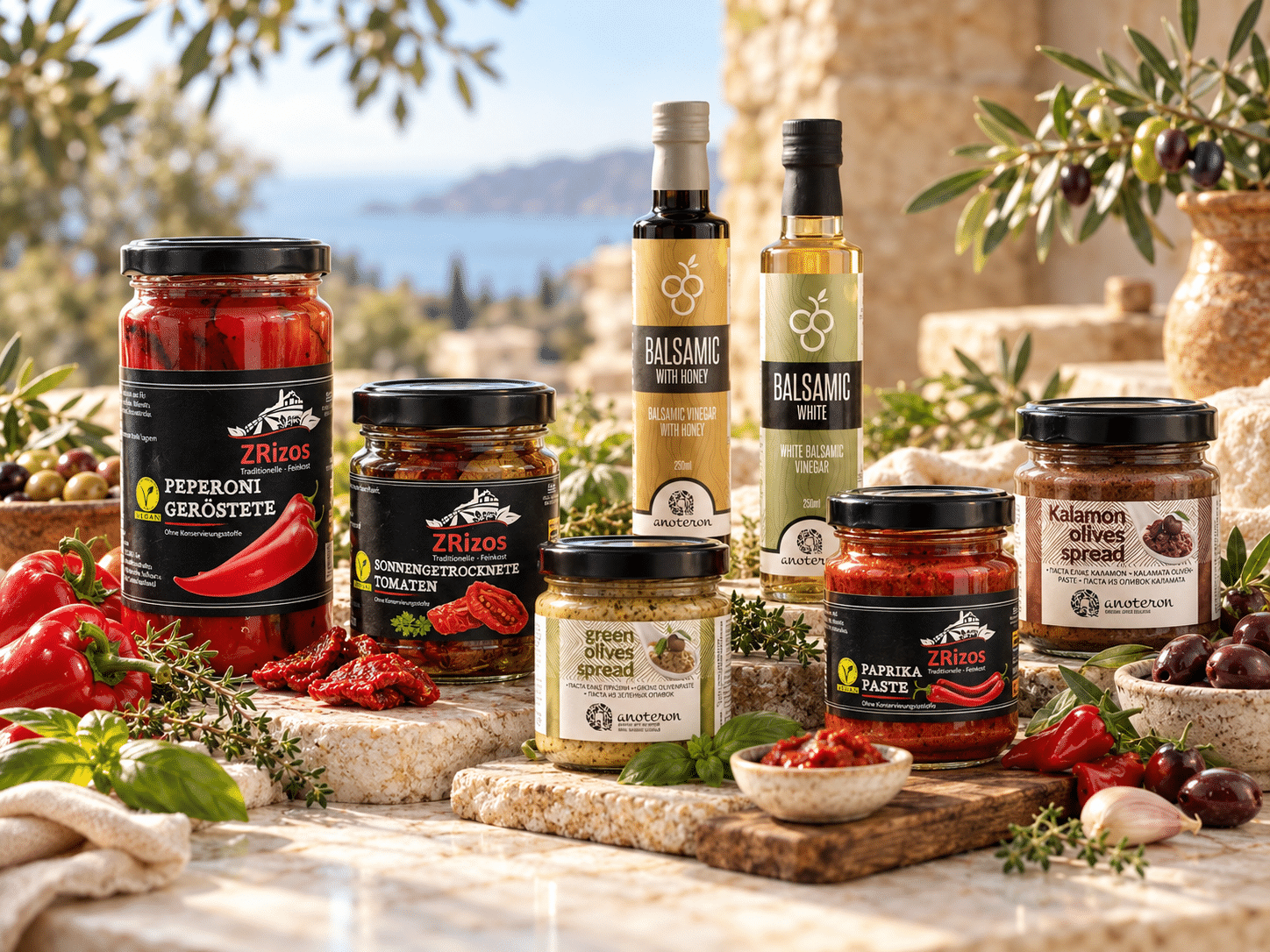 Mediterrane Feinkost aus Kreta Mediterrane Feinkost aus Kreta mit Olivenöl, Balsamico, Paprikapaste und Olivenspezialitäten