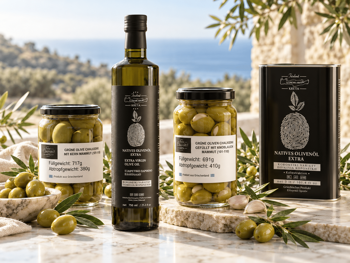 Olivenöl & Oliven aus Kreta Ausgewählte Spezialitäten von Feinkost Kornilakis: Olivenöl und grüne Oliven aus Kreta